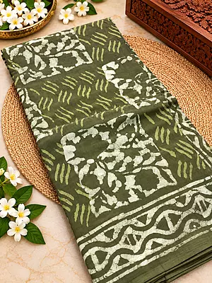 A beautiful olive green saree featuring elegant hand-block inspired prints in soft lime and ivory tones.