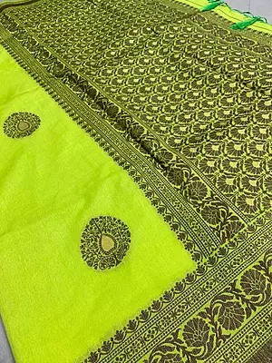 : This stunning light lime-green art silk saree is a perfect blend of traditional charm and contemporary style