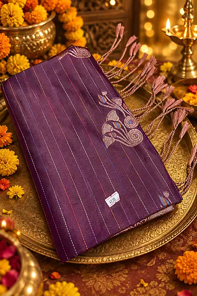 ?✨??✨? Royal Plum and Zari Elegance Description: * A rich plum-purple silk-blend saree featuring fine horizontal lines and scattered stylized silver-pink floral or peacock motifs across the body.