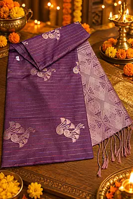 ?✨??✨? Royal Plum and Zari Elegance Description: * A rich plum-purple silk-blend saree featuring fine horizontal lines and scattered stylized silver-pink floral or peacock motifs across the body.