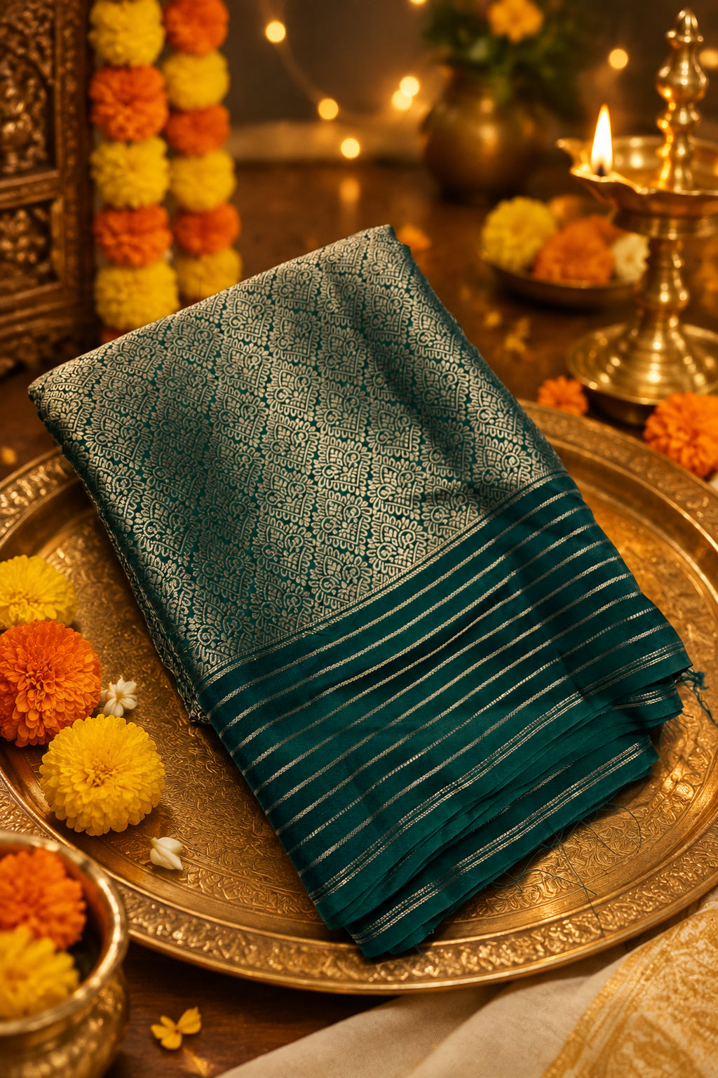 A magnificent dark bottle green silk saree featuring a heavily brocaded body filled with intricate, traditional gold zari weaving pattern