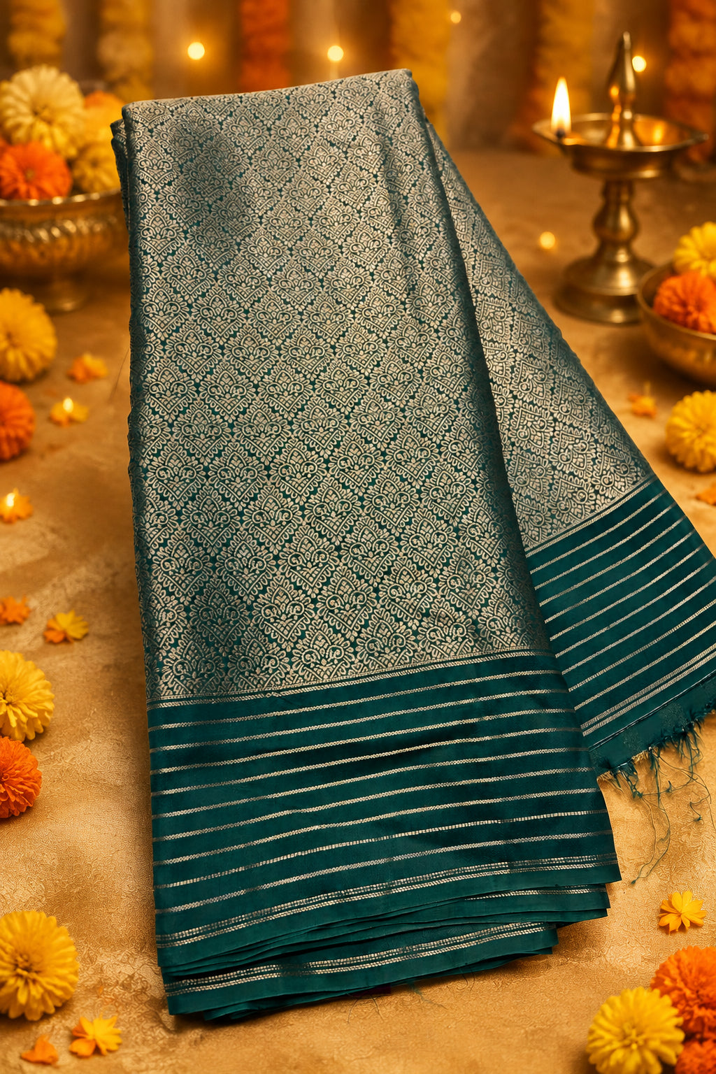 A magnificent dark bottle green silk saree featuring a heavily brocaded body filled with intricate, traditional gold zari weaving pattern