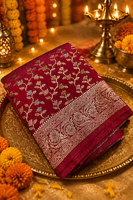 A gorgeous rani pink silk saree featuring an all-over delicate woven vine and floral creeper pattern in shimmering silver and pastel threads.