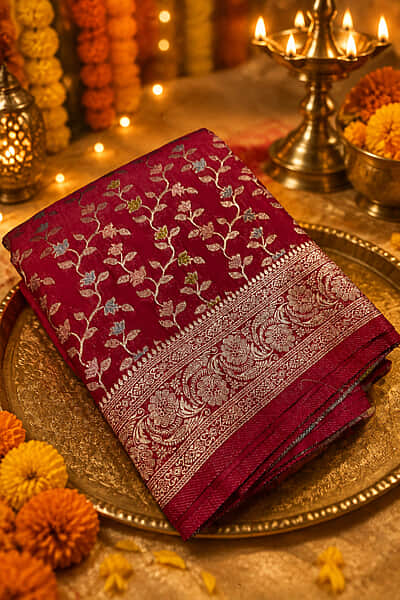 A gorgeous rani pink silk saree featuring an all-over delicate woven vine and floral creeper pattern in shimmering silver and pastel threads.