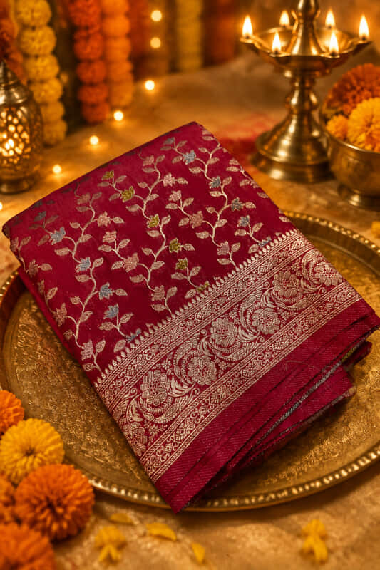 A gorgeous rani pink silk saree featuring an all-over delicate woven vine and floral creeper pattern in shimmering silver and pastel threads.