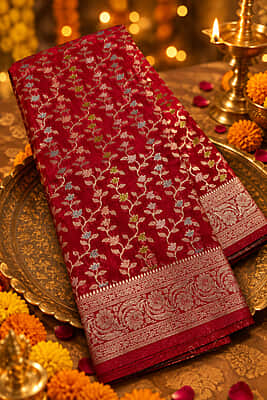 A gorgeous rani pink silk saree featuring an all-over delicate woven vine and floral creeper pattern in shimmering silver and pastel threads.