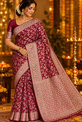 A gorgeous rani pink silk saree featuring an all-over delicate woven vine and floral creeper pattern in shimmering silver and pastel threads.