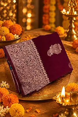 A deep maroon silk saree featuring scattered large, elegant silver-gold zari paisley motifs across the body