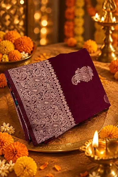A deep maroon silk saree featuring scattered large, elegant silver-gold zari paisley motifs across the body