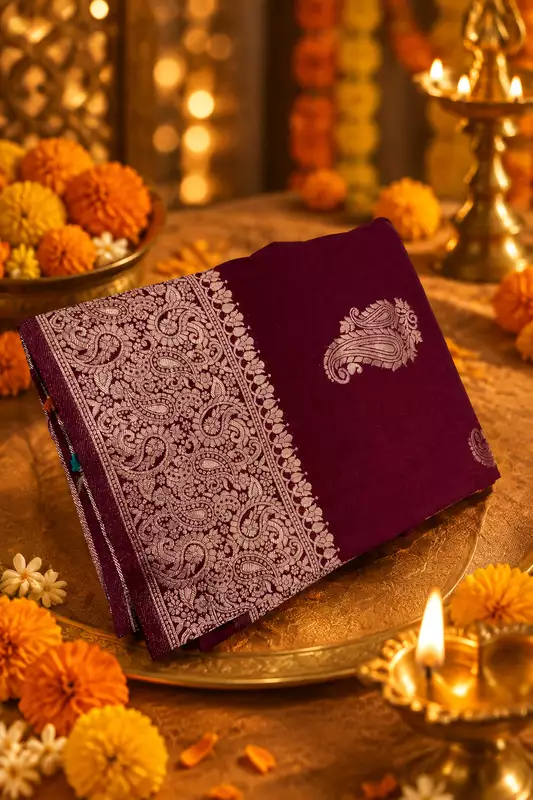 A deep maroon silk saree featuring scattered large, elegant silver-gold zari paisley motifs across the body