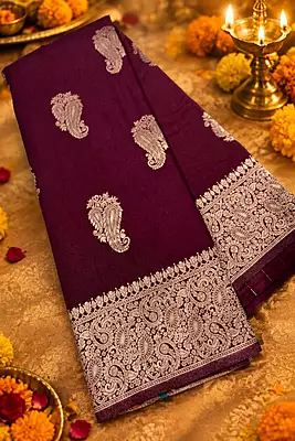 A deep maroon silk saree featuring scattered large, elegant silver-gold zari paisley motifs across the body