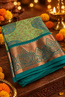 A radiant lime-green silk-blend saree featuring a rich all-over woven brocade vine design complemented by large, contrasting teal-blue and copper paisley motifs.
