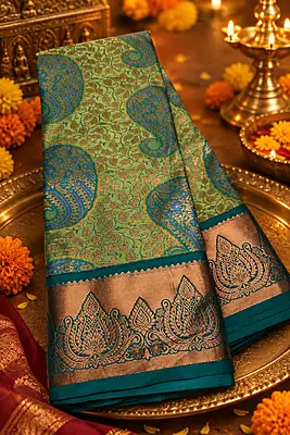 A radiant lime-green silk-blend saree featuring a rich all-over woven brocade vine design complemented by large, contrasting teal-blue and copper paisley motifs.