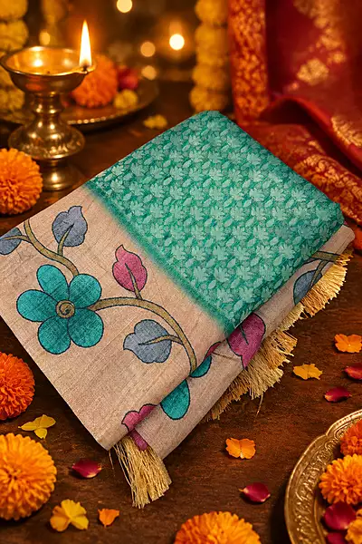 A graceful floral printed silk saree featuring a sophisticated beige base adorned with beautiful multicolour floral and leafy motifs