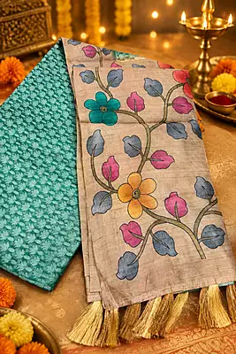 A graceful floral printed silk saree featuring a sophisticated beige base adorned with beautiful multicolour floral and leafy motifs