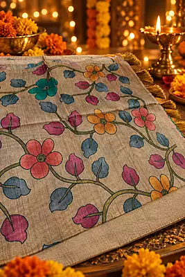 A graceful floral printed silk saree featuring a sophisticated beige base adorned with beautiful multicolour floral and leafy motifs