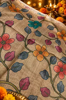 A graceful floral printed silk saree featuring a sophisticated beige base adorned with beautiful multicolour floral and leafy motifs