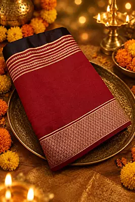 A rich and elegant deep maroon silk saree featuring beautiful traditional zari detailing. The saree is enhanced with fine golden striped borders