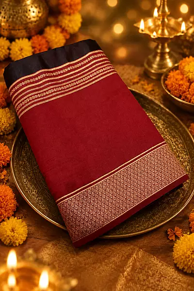 A rich and elegant deep maroon silk saree featuring beautiful traditional zari detailing. The saree is enhanced with fine golden striped borders