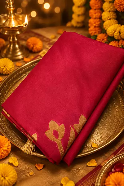 ? Pink Silk Saree – Description  A vibrant bright pink silk saree featuring elegant traditional gold zari motifs.