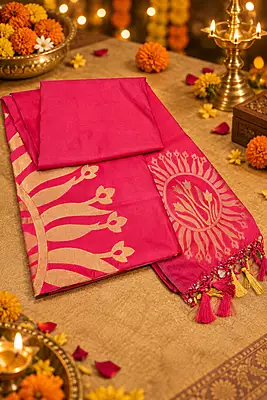 ? Pink Silk Saree – Description A vibrant bright pink silk saree featuring elegant traditional gold zari motifs.