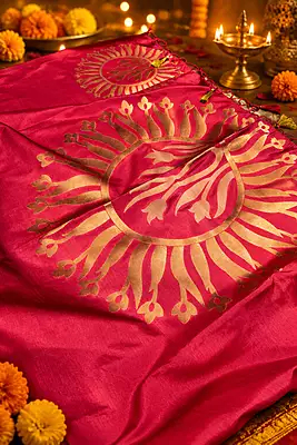 ? Pink Silk Saree – Description A vibrant bright pink silk saree featuring elegant traditional gold zari motifs.