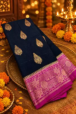 A striking navy blue silk saree beautifully accented with a vibrant magenta-pink pallu and border.