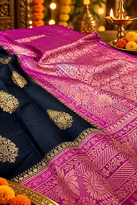 A striking navy blue silk saree beautifully accented with a vibrant magenta-pink pallu and border.