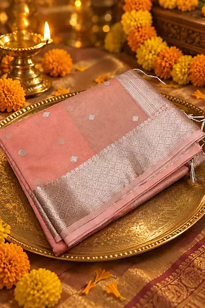 A delicate and elegant peach pink silk saree featuring a subtle tissue-like sheen and beautifully woven silver zari diamond buttas throughout the body.