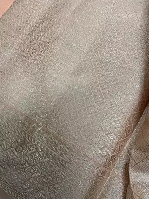 A delicate and elegant peach pink silk saree featuring a subtle tissue-like sheen and beautifully woven silver zari diamond buttas throughout the body.