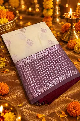 A graceful cream silk saree featuring delicate mauve-toned floral buttas scattered across the body.