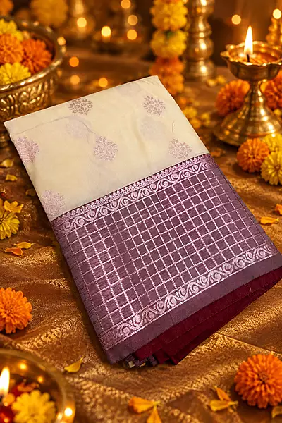 A graceful cream silk saree featuring delicate mauve-toned floral buttas scattered across the body.