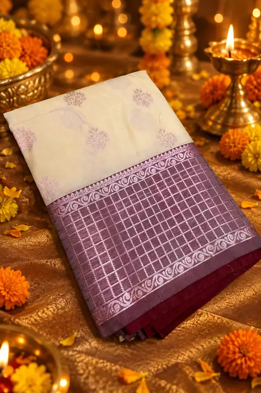 A graceful cream silk saree featuring delicate mauve-toned floral buttas scattered across the body.