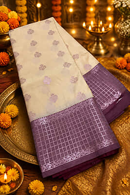 A graceful cream silk saree featuring delicate mauve-toned floral buttas scattered across the body.