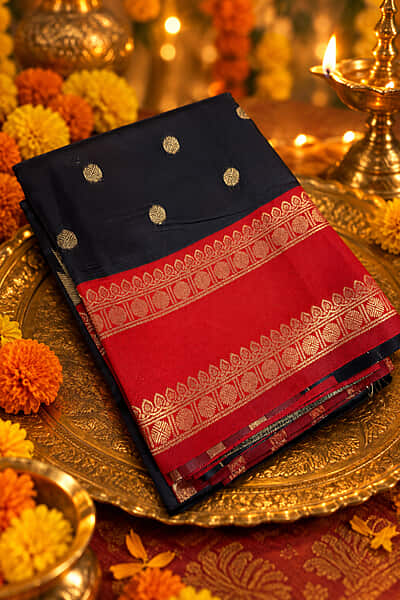 A striking navy blue and vibrant red silk saree featuring elegant gold zari polka buttas across the deep navy body