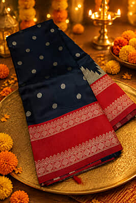 A striking navy blue and vibrant red silk saree featuring elegant gold zari polka buttas across the deep navy body