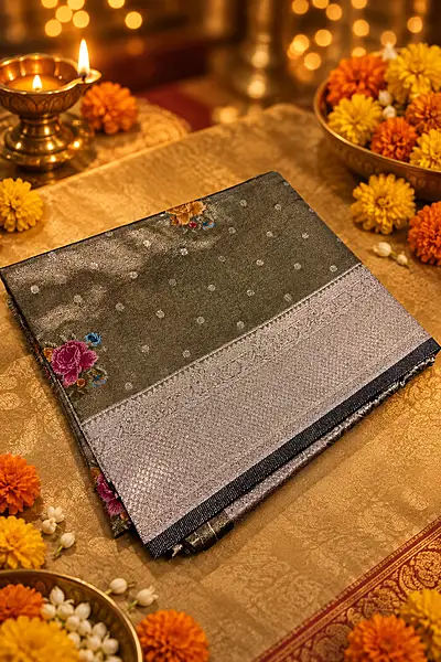 A sophisticated charcoal grey silk saree with a beautiful metallic sheen, featuring delicate silver polka buttas and subtle multicolour floral motifs.