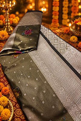 A sophisticated charcoal grey silk saree with a beautiful metallic sheen, featuring delicate silver polka buttas and subtle multicolour floral motifs.