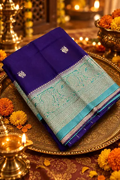 A gorgeous royal purple silk saree featuring delicate gold zari paisley buttas beautifully scattered across the body.
