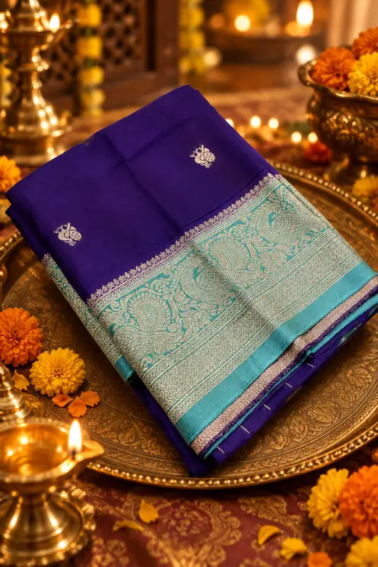 A gorgeous royal purple silk saree featuring delicate gold zari paisley buttas beautifully scattered across the body.