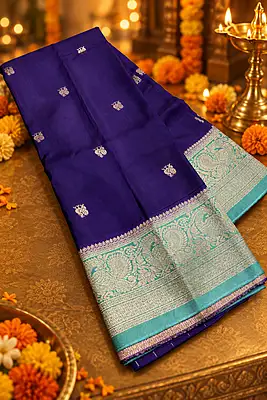 A gorgeous royal purple silk saree featuring delicate gold zari paisley buttas beautifully scattered across the body.
