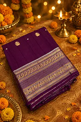 A rich deep purple silk saree featuring elegant gold zari motifs and tiny silver-toned buttas scattered across the body.