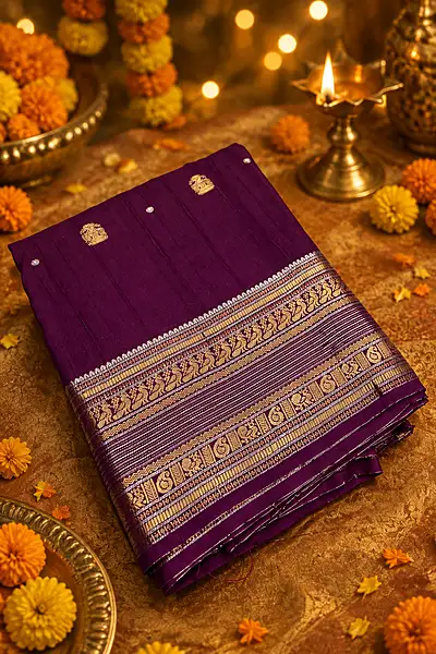 A rich deep purple silk saree featuring elegant gold zari motifs and tiny silver-toned buttas scattered across the body.