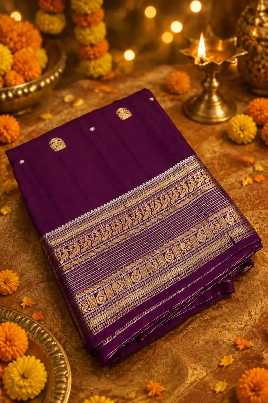 A rich deep purple silk saree featuring elegant gold zari motifs and tiny silver-toned buttas scattered across the body.