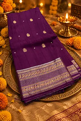 A rich deep purple silk saree featuring elegant gold zari motifs and tiny silver-toned buttas scattered across the body.