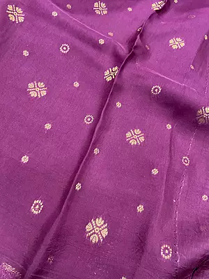 A rich deep purple silk saree featuring elegant gold zari motifs and tiny silver-toned buttas scattered across the body.
