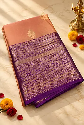? Peach & Purple Silk Saree – Description A graceful peach silk saree featuring delicate gold zari floral buttas scattered elegantly across the body.