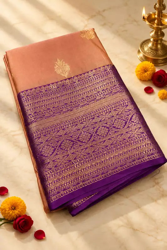 ? Peach & Purple Silk Saree – Description A graceful peach silk saree featuring delicate gold zari floral buttas scattered elegantly across the body.