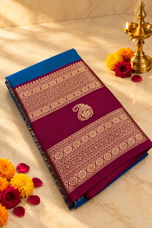 ? Royal Blue & Wine Silk Saree