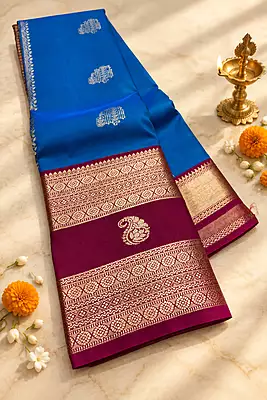 ? Royal Blue & Wine Silk Saree